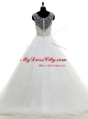 Designer Scoop Sleeveless Wedding Gowns With Brush Train Beading White Tulle