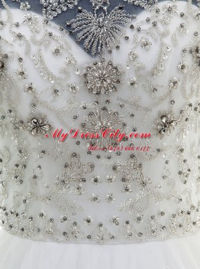 Designer Scoop Sleeveless Wedding Gowns With Brush Train Beading White Tulle