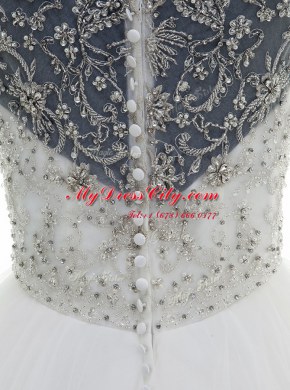 Designer Scoop Sleeveless Wedding Gowns With Brush Train Beading White Tulle