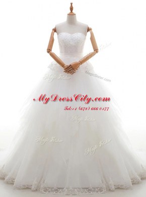 Glamorous White Sleeveless Tulle Court Train Zipper Bridal Gown for Wedding Party