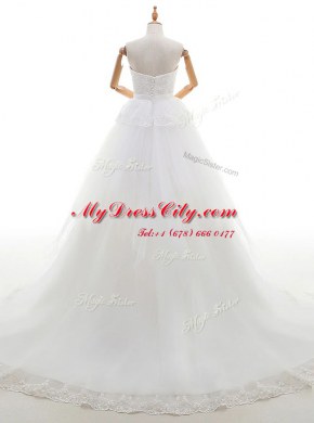 Glamorous White Sleeveless Tulle Court Train Zipper Bridal Gown for Wedding Party