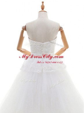 Glamorous White Sleeveless Tulle Court Train Zipper Bridal Gown for Wedding Party