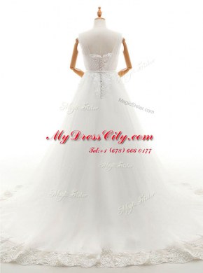 White Sleeveless Court Train Appliques With Train Bridal Gown