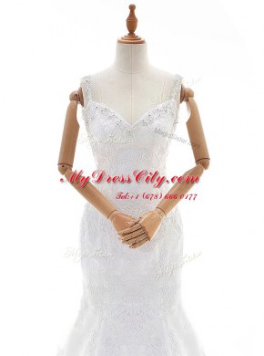 Edgy Mermaid Lace With Train White Wedding Gown Straps Sleeveless Court Train Backless