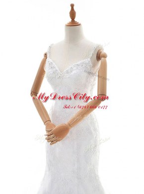 Edgy Mermaid Lace With Train White Wedding Gown Straps Sleeveless Court Train Backless