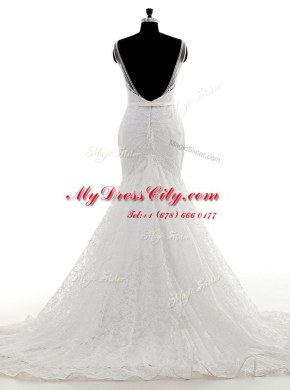 Superior Mermaid White Sleeveless Brush Train Lace With Train Wedding Gown