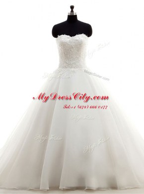 Admirable Brush Train Ball Gowns Wedding Gown White Sweetheart Organza Sleeveless With Train Clasp Handle