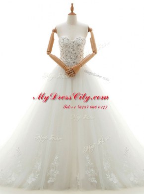 Fabulous White Wedding Dresses Wedding Party and For with Beading and Appliques Sweetheart Sleeveless Chapel Train Lace Up