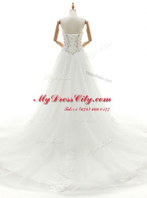 Fabulous White Wedding Dresses Wedding Party and For with Beading and Appliques Sweetheart Sleeveless Chapel Train Lace Up