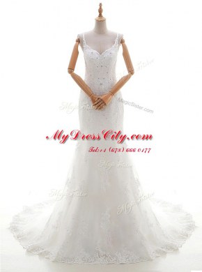 Comfortable White Sleeveless Brush Train Beading and Lace and Appliques With Train Bridal Gown