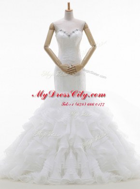 Exquisite Mermaid Sleeveless Organza With Brush Train Lace Up Wedding Dresses in White with Beading and Ruffles