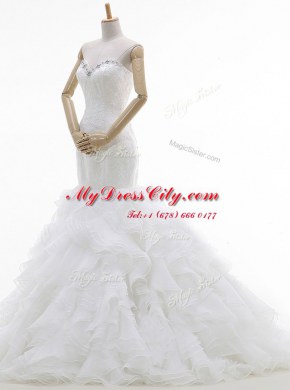 Exquisite Mermaid Sleeveless Organza With Brush Train Lace Up Wedding Dresses in White with Beading and Ruffles