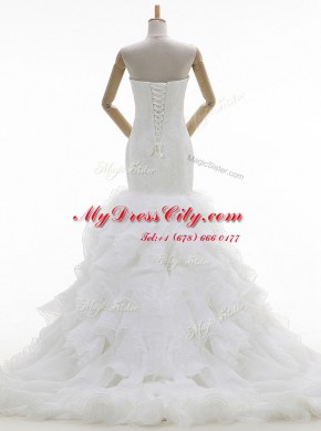 Exquisite Mermaid Sleeveless Organza With Brush Train Lace Up Wedding Dresses in White with Beading and Ruffles