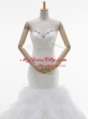 Exquisite Mermaid Sleeveless Organza With Brush Train Lace Up Wedding Dresses in White with Beading and Ruffles