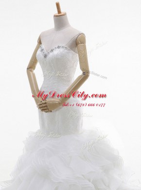 Exquisite Mermaid Sleeveless Organza With Brush Train Lace Up Wedding Dresses in White with Beading and Ruffles