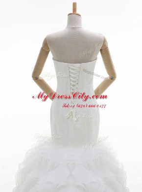 Exquisite Mermaid Sleeveless Organza With Brush Train Lace Up Wedding Dresses in White with Beading and Ruffles