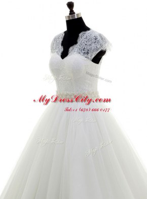 Dramatic White Clasp Handle Wedding Dress Beading and Lace Cap Sleeves With Brush Train