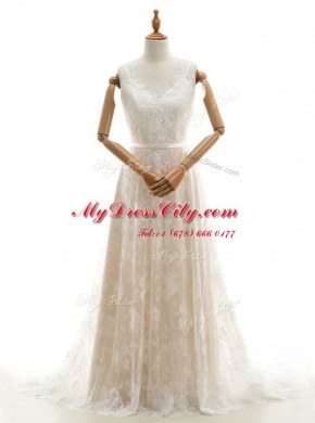 Nice Sleeveless Chapel Train Zipper With Train Lace Wedding Gown