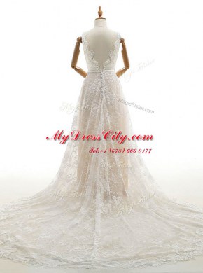 Nice Sleeveless Chapel Train Zipper With Train Lace Wedding Gown