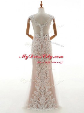 Lace Floor Length Champagne Wedding Dresses High-neck Cap Sleeves Zipper