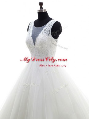 Clearance Scoop Tulle Sleeveless With Train Wedding Dresses Brush Train and Lace