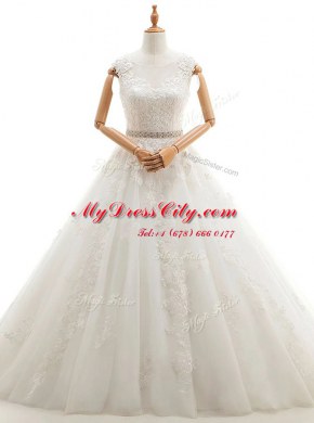 Glorious With Train White Wedding Dresses Scoop Sleeveless Brush Train Clasp Handle