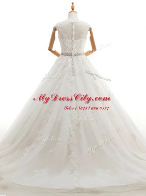 Glorious With Train White Wedding Dresses Scoop Sleeveless Brush Train Clasp Handle