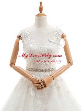 Glorious With Train White Wedding Dresses Scoop Sleeveless Brush Train Clasp Handle