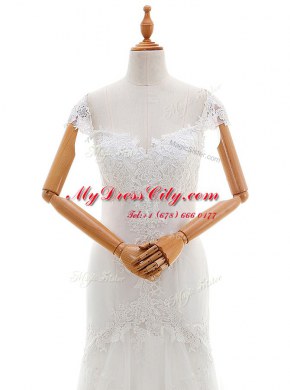 Best Selling Cap Sleeves Lace Up Floor Length Lace and Appliques Wedding Dress
