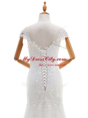 Best Selling Cap Sleeves Lace Up Floor Length Lace and Appliques Wedding Dress