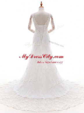 White Column/Sheath Lace and Appliques Wedding Gowns Lace Up Lace Long Sleeves With Train