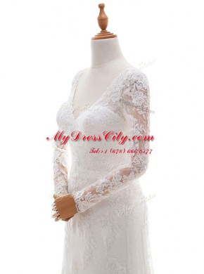 White Column/Sheath Lace and Appliques Wedding Gowns Lace Up Lace Long Sleeves With Train
