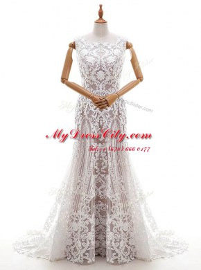 Scalloped White Lace Zipper Wedding Dresses Sleeveless With Brush Train Appliques