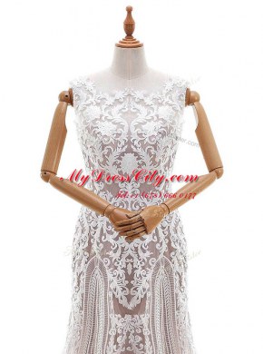 Scalloped White Lace Zipper Wedding Dresses Sleeveless With Brush Train Appliques