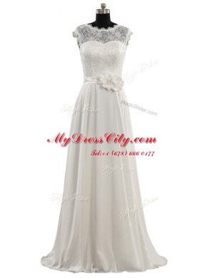 Unique Scoop Cap Sleeves Chiffon Floor Length Clasp Handle Wedding Gown in White with Lace and Hand Made Flower