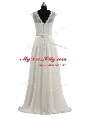 Unique Scoop Cap Sleeves Chiffon Floor Length Clasp Handle Wedding Gown in White with Lace and Hand Made Flower