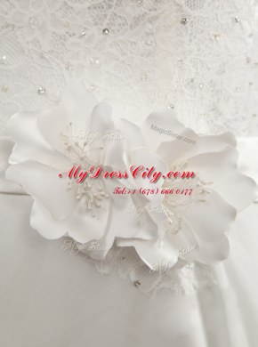 Unique Scoop Cap Sleeves Chiffon Floor Length Clasp Handle Wedding Gown in White with Lace and Hand Made Flower