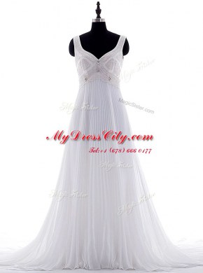 V-neck Sleeveless Chiffon Wedding Gowns Beading and Pleated Brush Train Zipper
