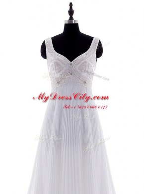 V-neck Sleeveless Chiffon Wedding Gowns Beading and Pleated Brush Train Zipper