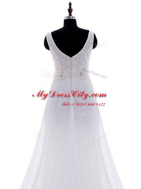 V-neck Sleeveless Chiffon Wedding Gowns Beading and Pleated Brush Train Zipper