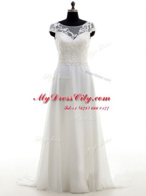 Luxurious Scoop White Sleeveless Chiffon Brush Train Backless Wedding Dress for Wedding Party