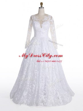 Superior Lace Floor Length White Wedding Dresses Scoop Long Sleeves Clasp Handle