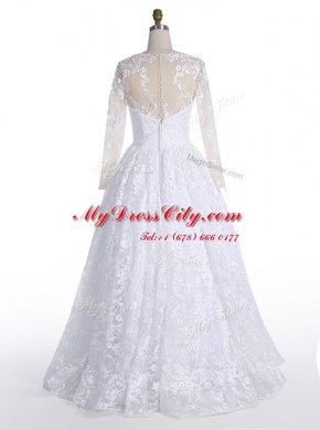 Superior Lace Floor Length White Wedding Dresses Scoop Long Sleeves Clasp Handle