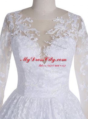 Superior Lace Floor Length White Wedding Dresses Scoop Long Sleeves Clasp Handle