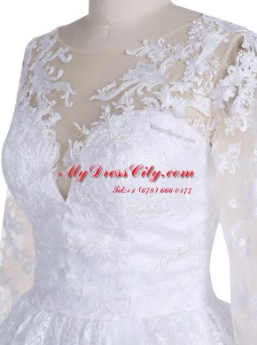 Superior Lace Floor Length White Wedding Dresses Scoop Long Sleeves Clasp Handle