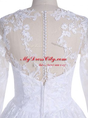 Superior Lace Floor Length White Wedding Dresses Scoop Long Sleeves Clasp Handle