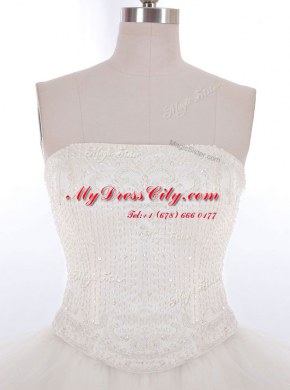 Decent Strapless Sleeveless Brush Train Zipper Wedding Dresses White Tulle