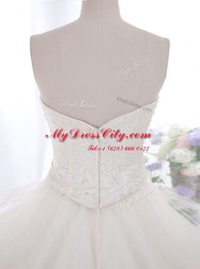 Decent Strapless Sleeveless Brush Train Zipper Wedding Dresses White Tulle
