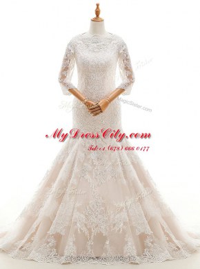 Graceful Mermaid White Lace Clasp Handle Wedding Gowns 3 4 Length Sleeve With Train Court Train Lace and Ruffled Layers