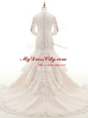 Graceful Mermaid White Lace Clasp Handle Wedding Gowns 3 4 Length Sleeve With Train Court Train Lace and Ruffled Layers